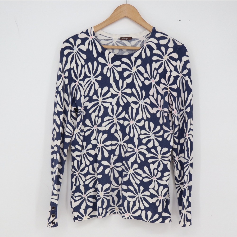 J.McLaughlin Top Womens M Floral Daisy Navy Blue White Button Cuff Excellent
